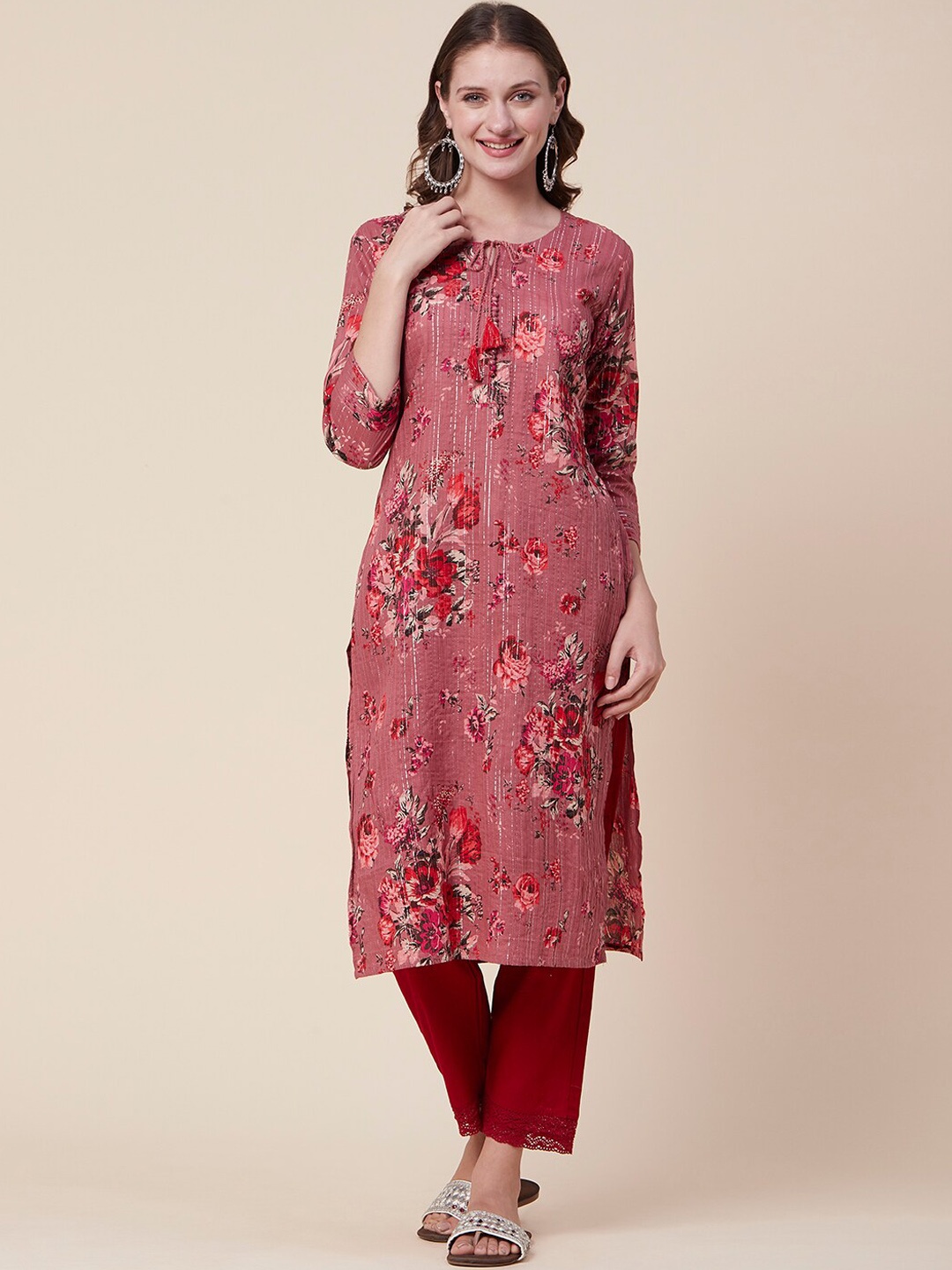 

FASHOR Rose Floral Printed Pin-Tucks Pure Cotton Kurta