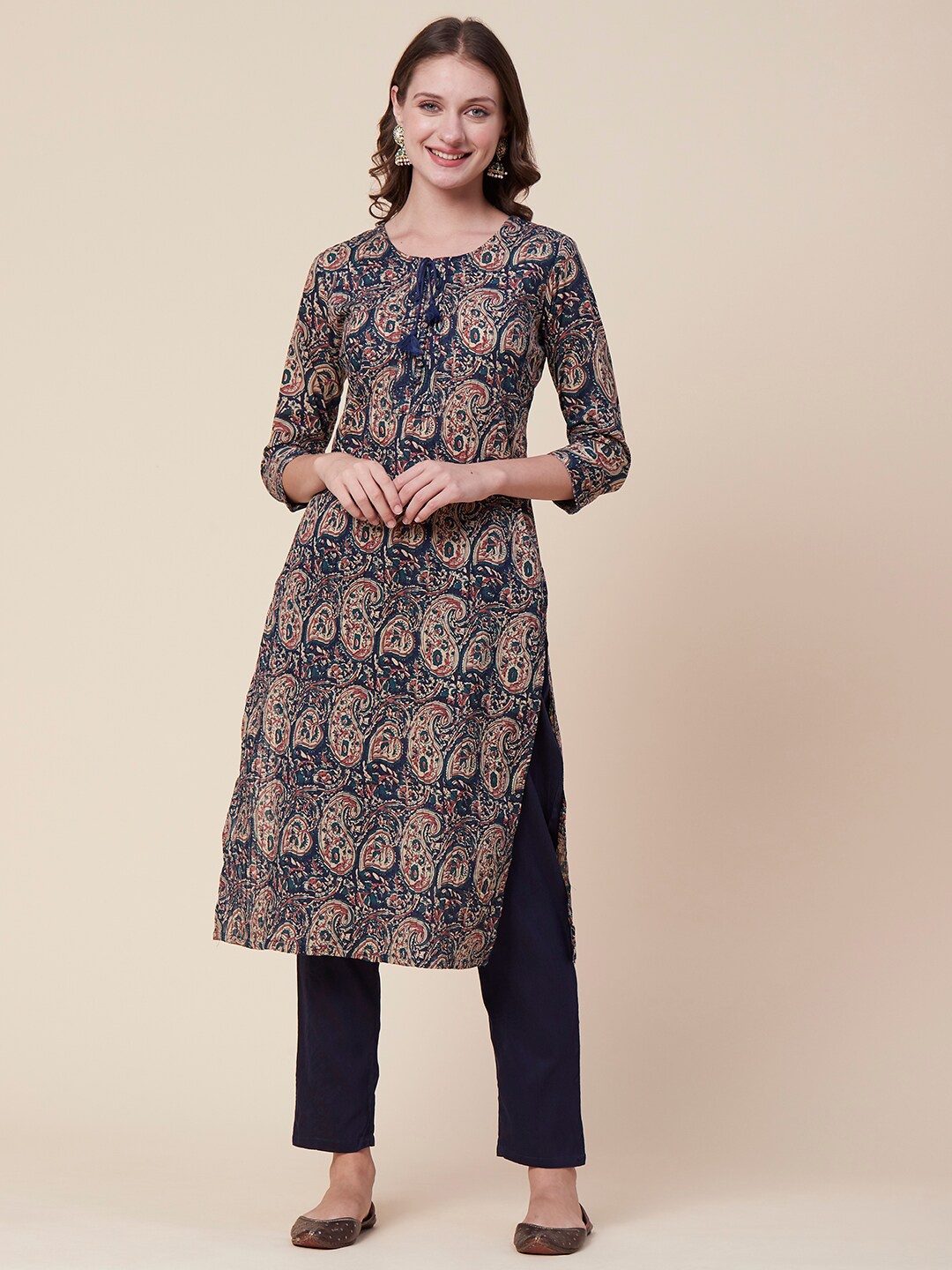 

FASHOR Blue Floral Printed Pin-Tucks Pure Cotton Kurta