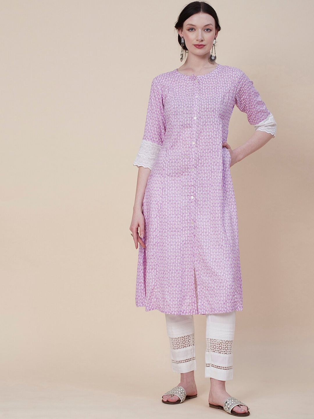 

FASHOR Lavender Absract Printed A-Line Cotton Kurta