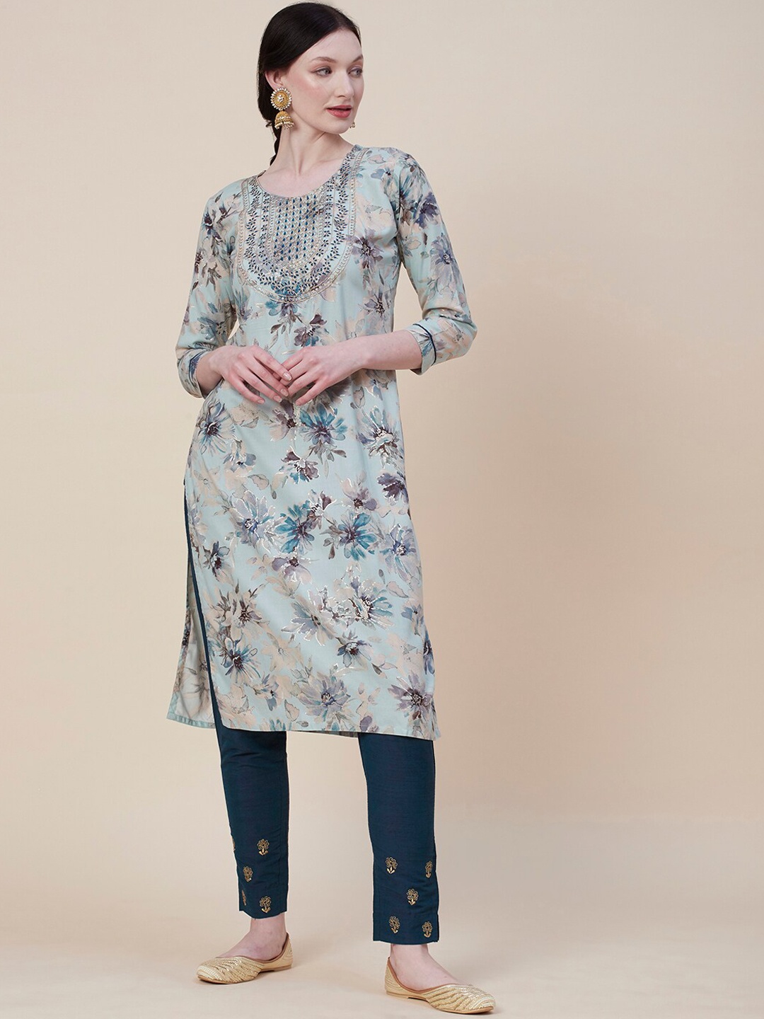 

FASHOR Blue Floral Printed Zari Dori Embroidered Kurta