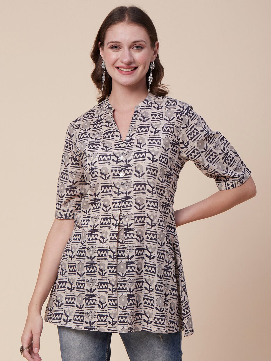 

FASHOR Taupe & Brown Ethnic Motifs Printed Mandarin Collar A-Line Pure Cotton Kurti