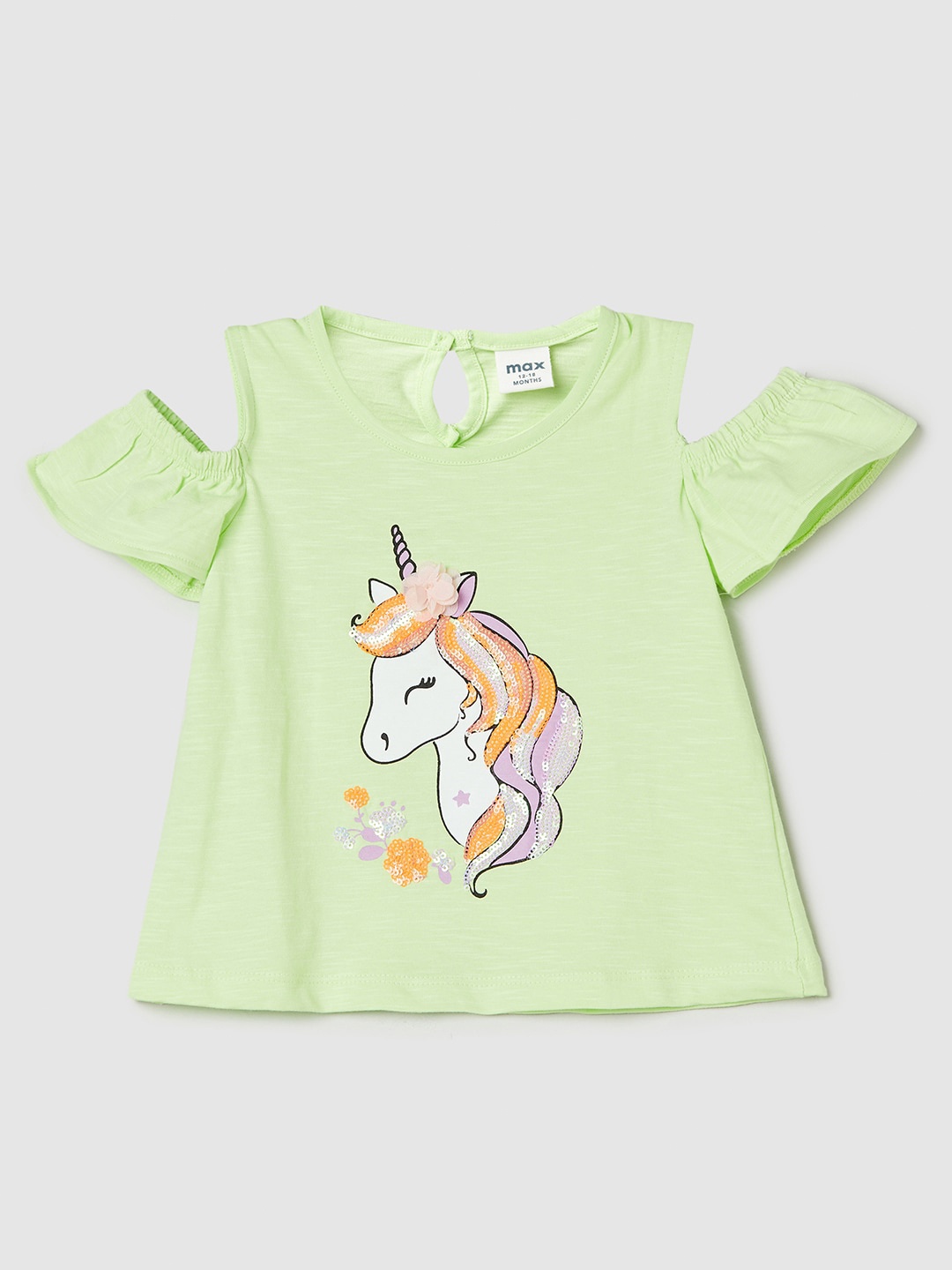 

max Infant Girls Unicorn Printed Cold-Shoulder Pure Cotton A-Line Top, Green