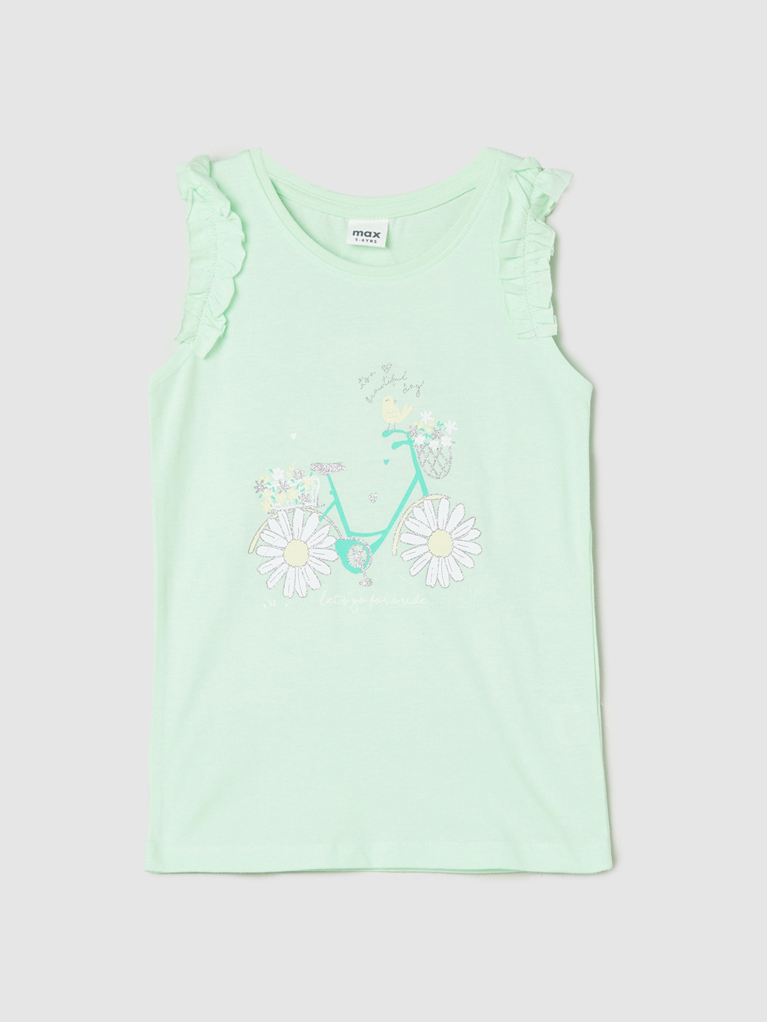 

max Girls Graphic Printed Sleeveless Pure Cotton Regular Top, Green