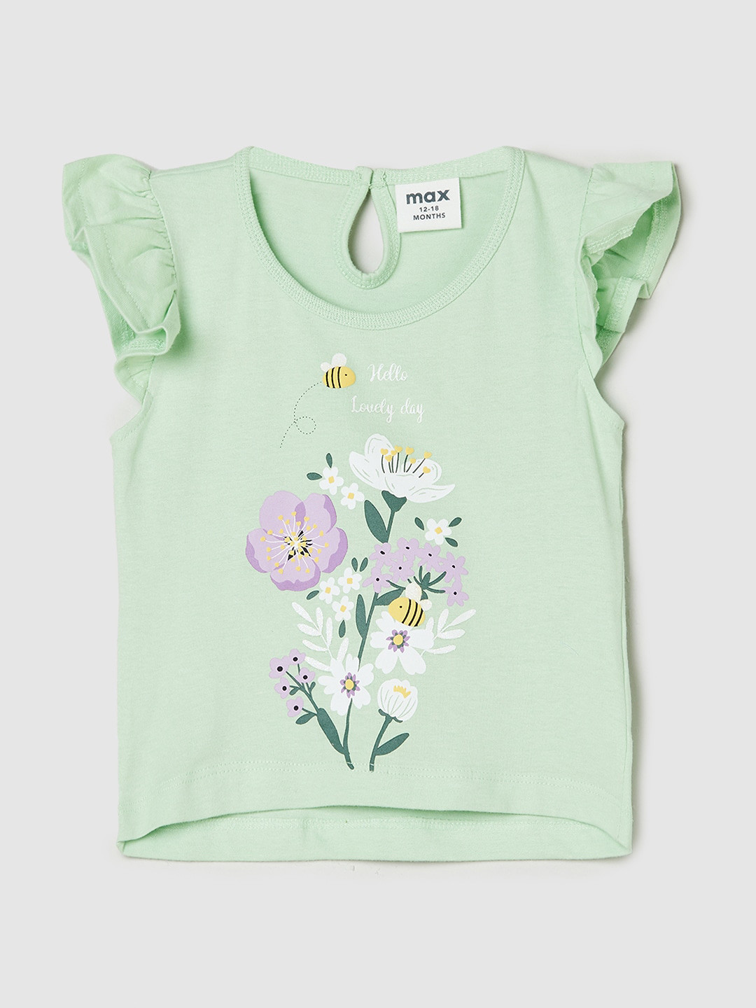 

max Infant Girls Graphic Printed Flutter Sleeves Pure Cotton A-Line Top, Green