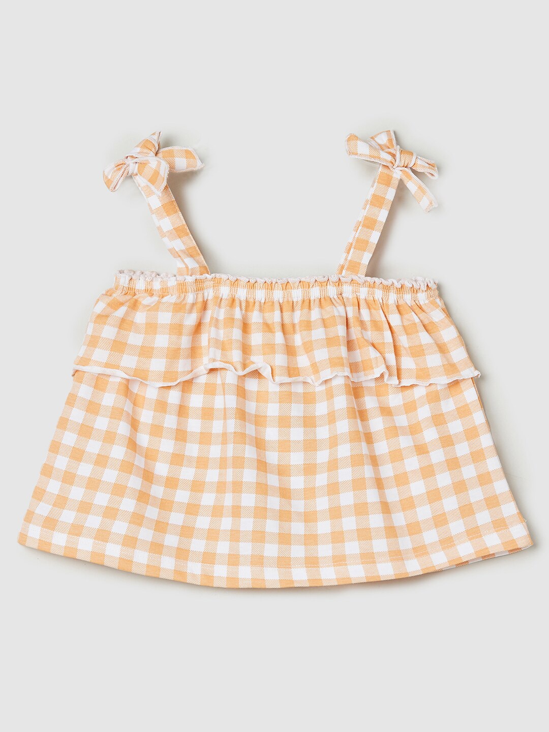 

max Girls Checked Shoulder Straps Ruffles Pure Cotton A-Line Top, Orange