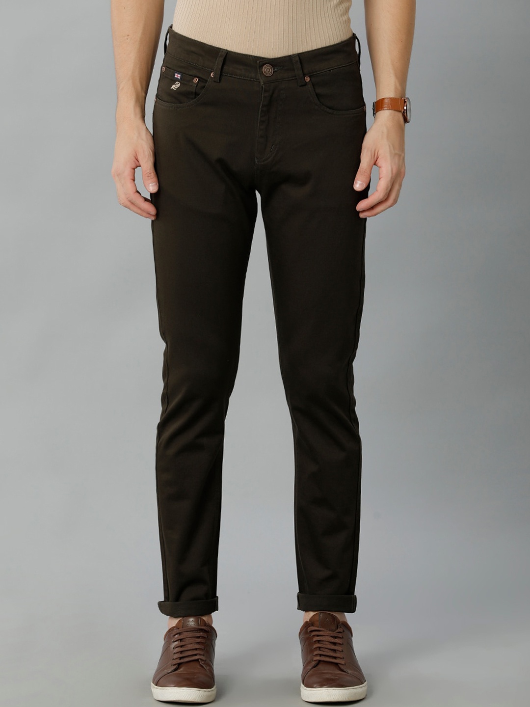 

Double Two Men Mid-Rise Smart Slim Fit Plain Cotton Chinos Trousers, Olive