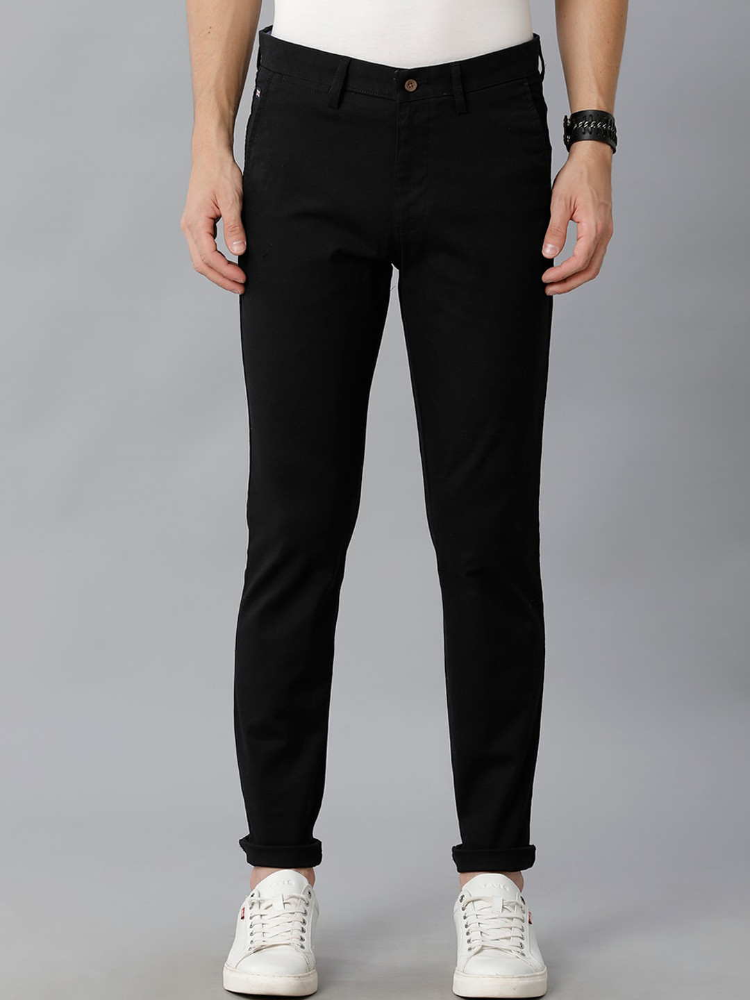 

Double Two Men Mid-Rise Smart Slim Fit Plain Cotton Chinos Trousers, Black