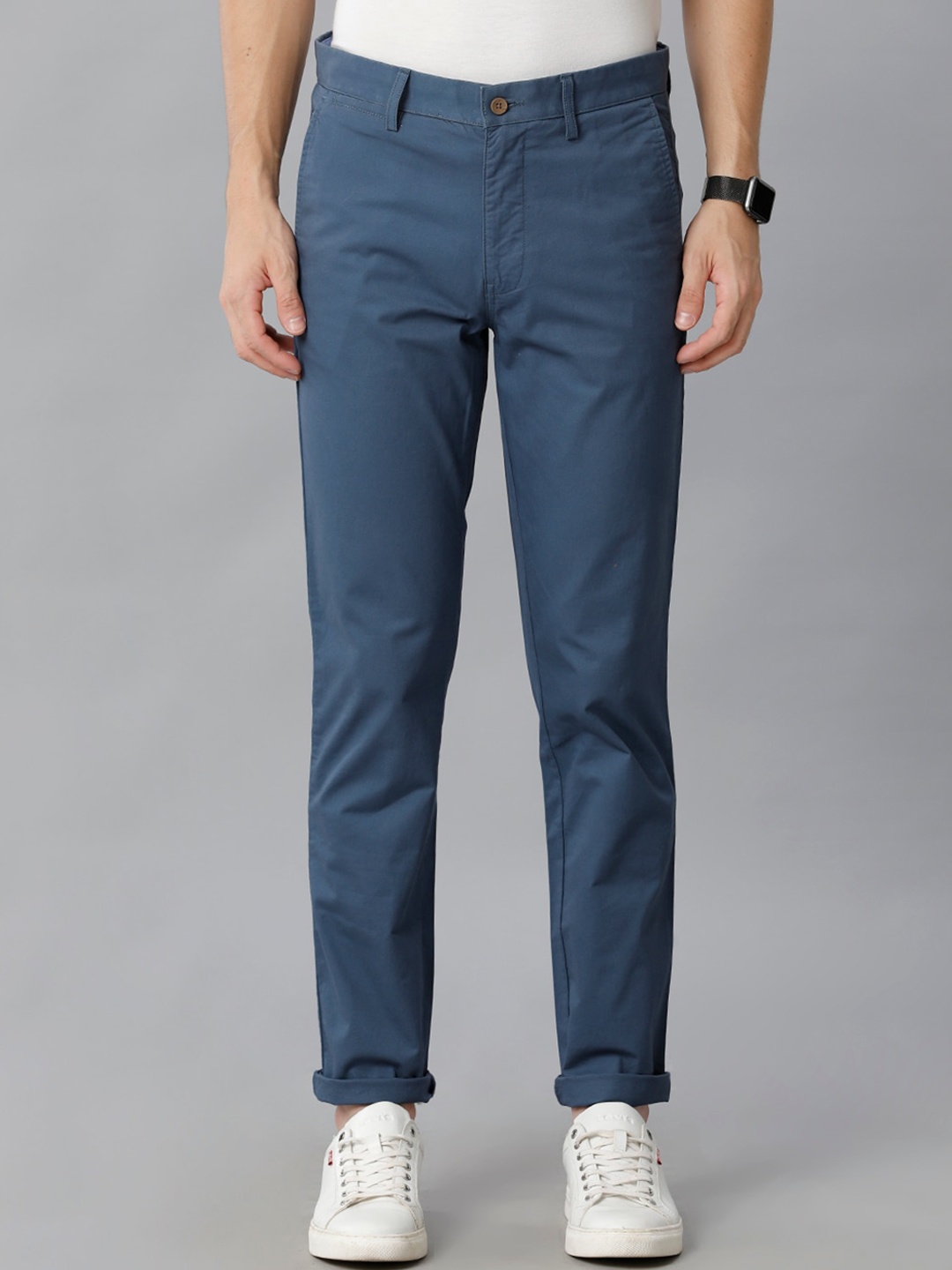

Double Two Men Mid-Rise Smart Slim Fit Plain Cotton Chinos Trousers, Teal