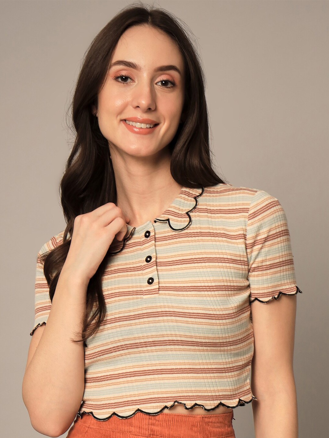 

Yaadleen Striped Pure Cotton Crop Top, Beige