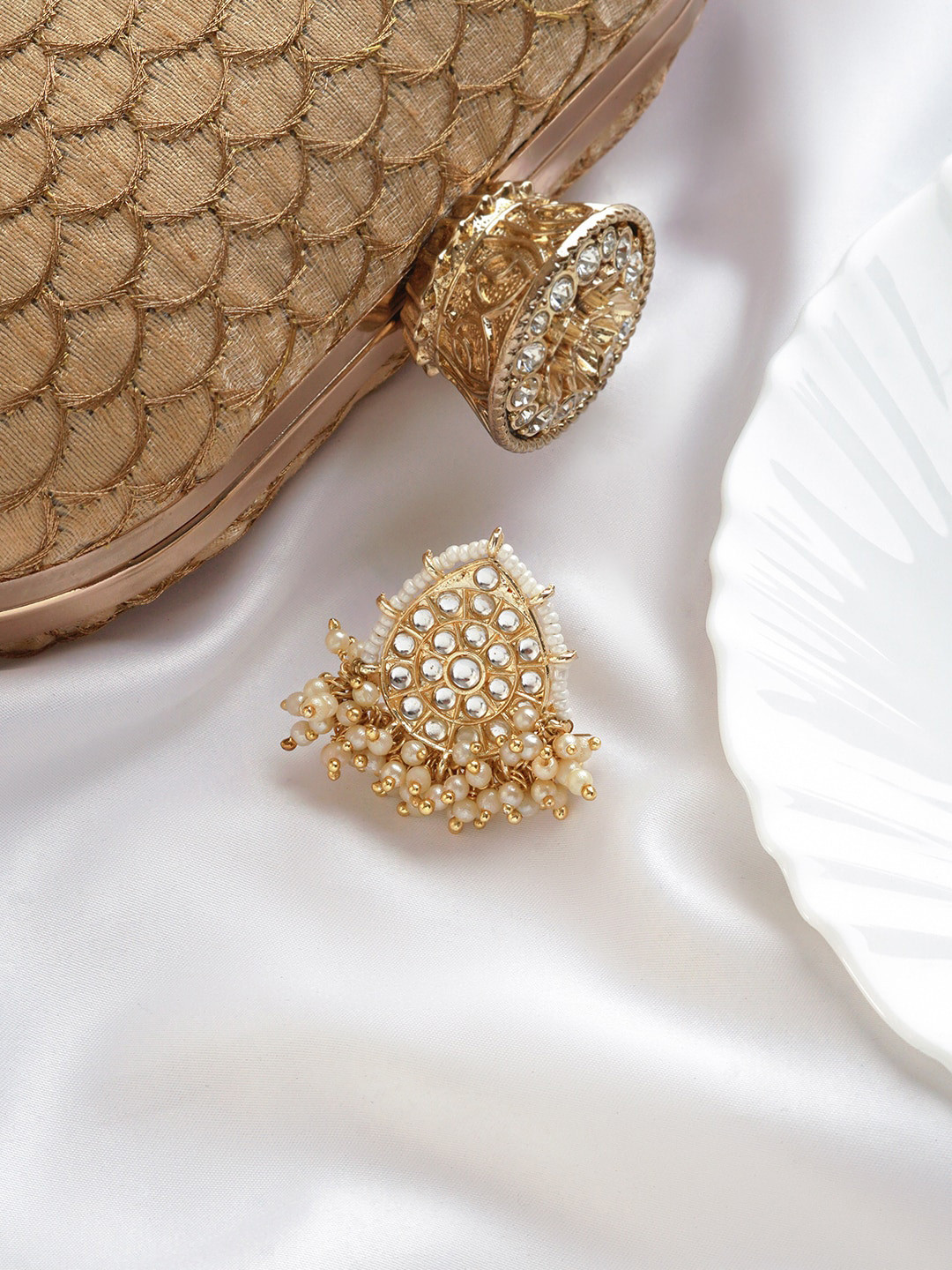 

TEEJH Pearl Studded Polki Finger Ring, Gold