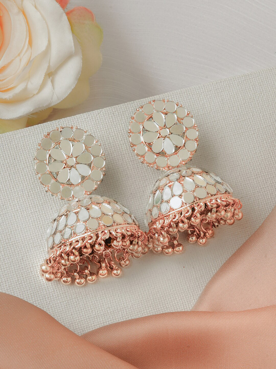 

TEEJH Rose Gold-Plated Studded Dome Shaped Jhumkas Earrings