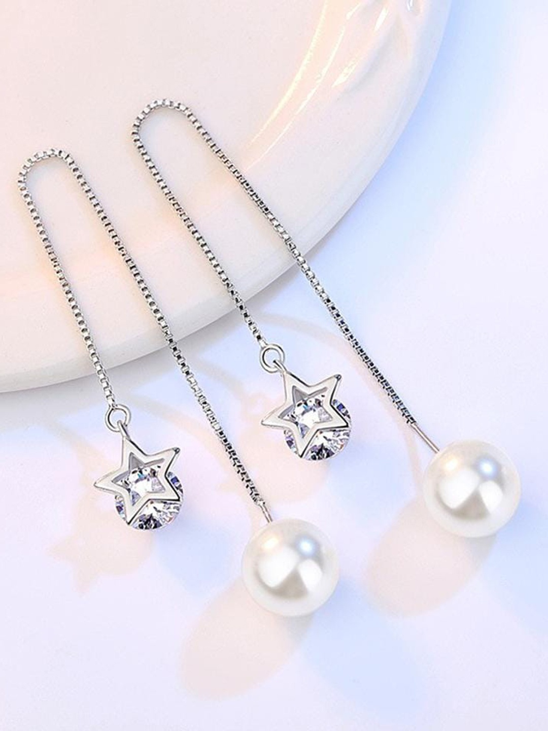 

MYKI Silver-Toned Cubic Zirconia Studded Star Shaped Drop Earrings