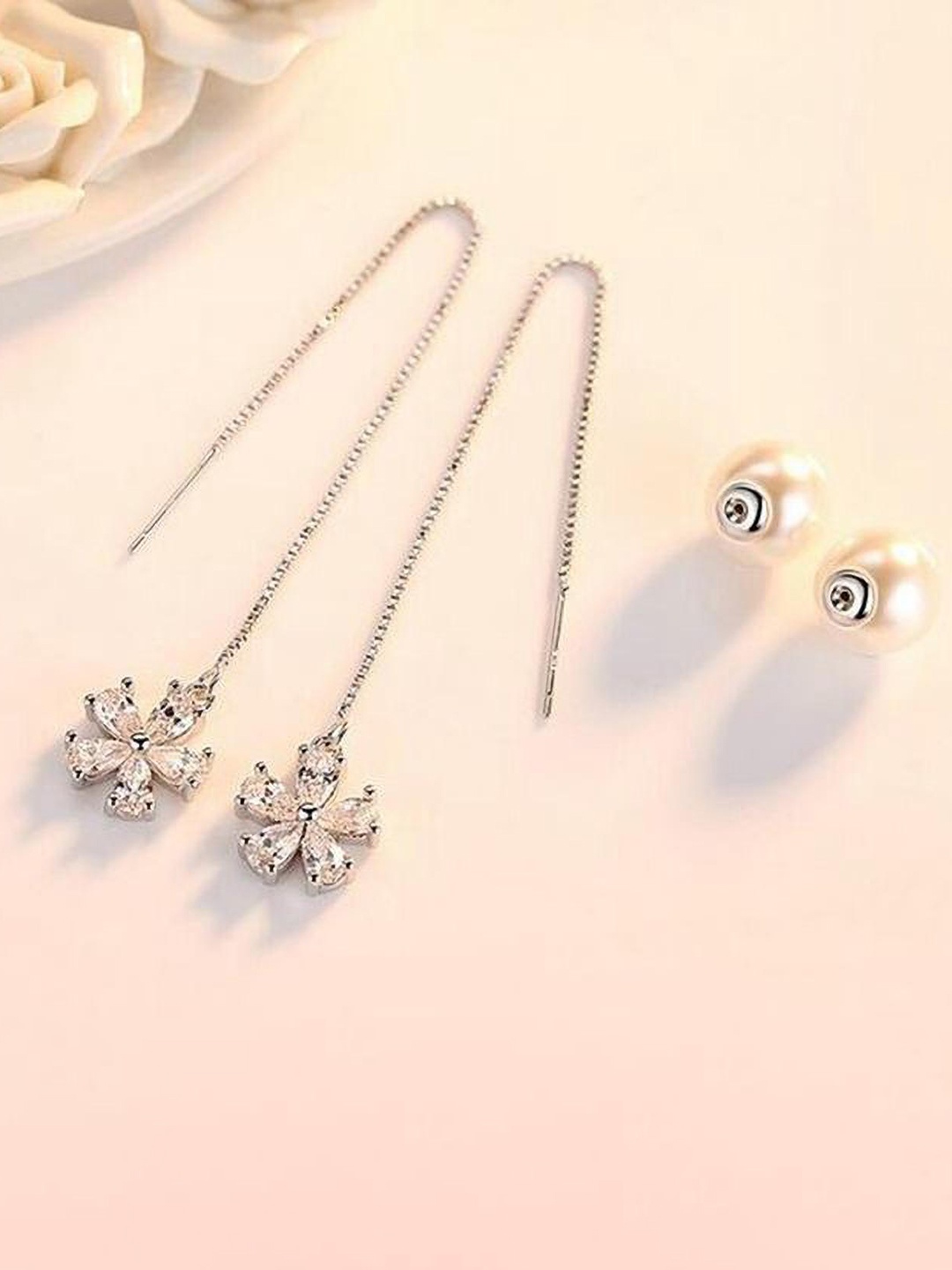 

MYKI Silver-Toned Cubic Zirconia Studded Floral Drop Earrings