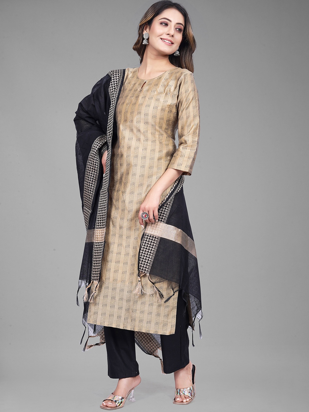 

KALINI Striped Chanderi Cotton Kurta With Trousers & Dupatta, Beige