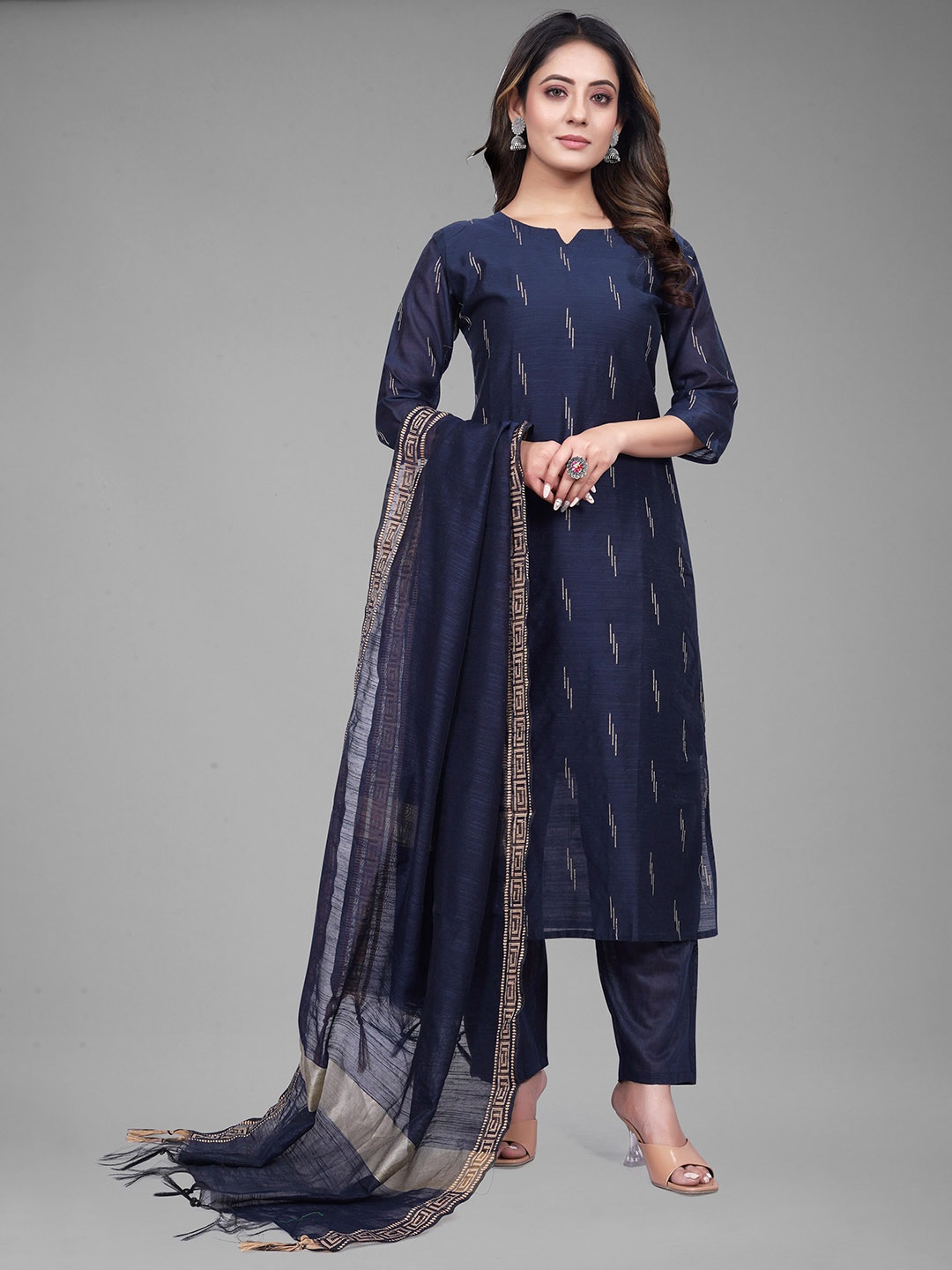 

KALINI Woven Design Regular Chanderi Cotton Kurta & Trousers With Dupatta, Blue