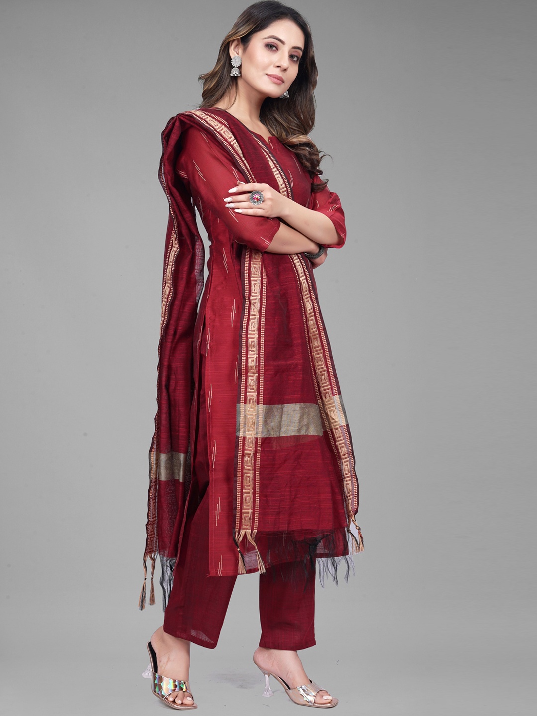

KALINI Woven Design Chanderi Cotton Kurta With Trousers & Dupatta, Red