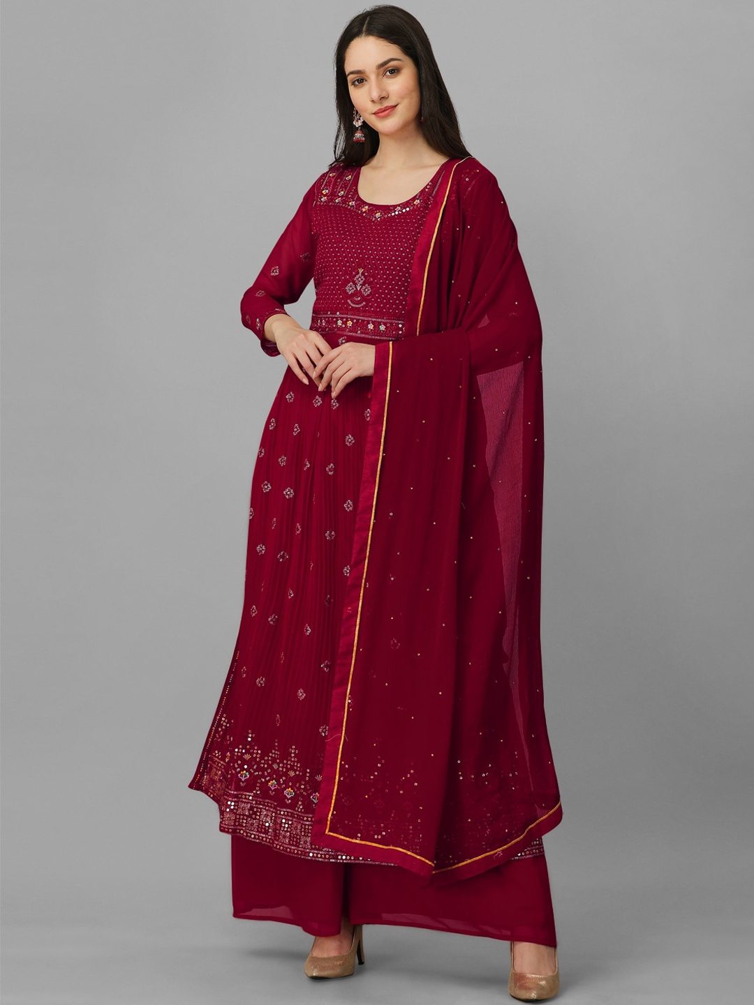 

Nivah Fashion Floral Embroidered Sequinned Kurta With Palazzos & Dupatta, Maroon