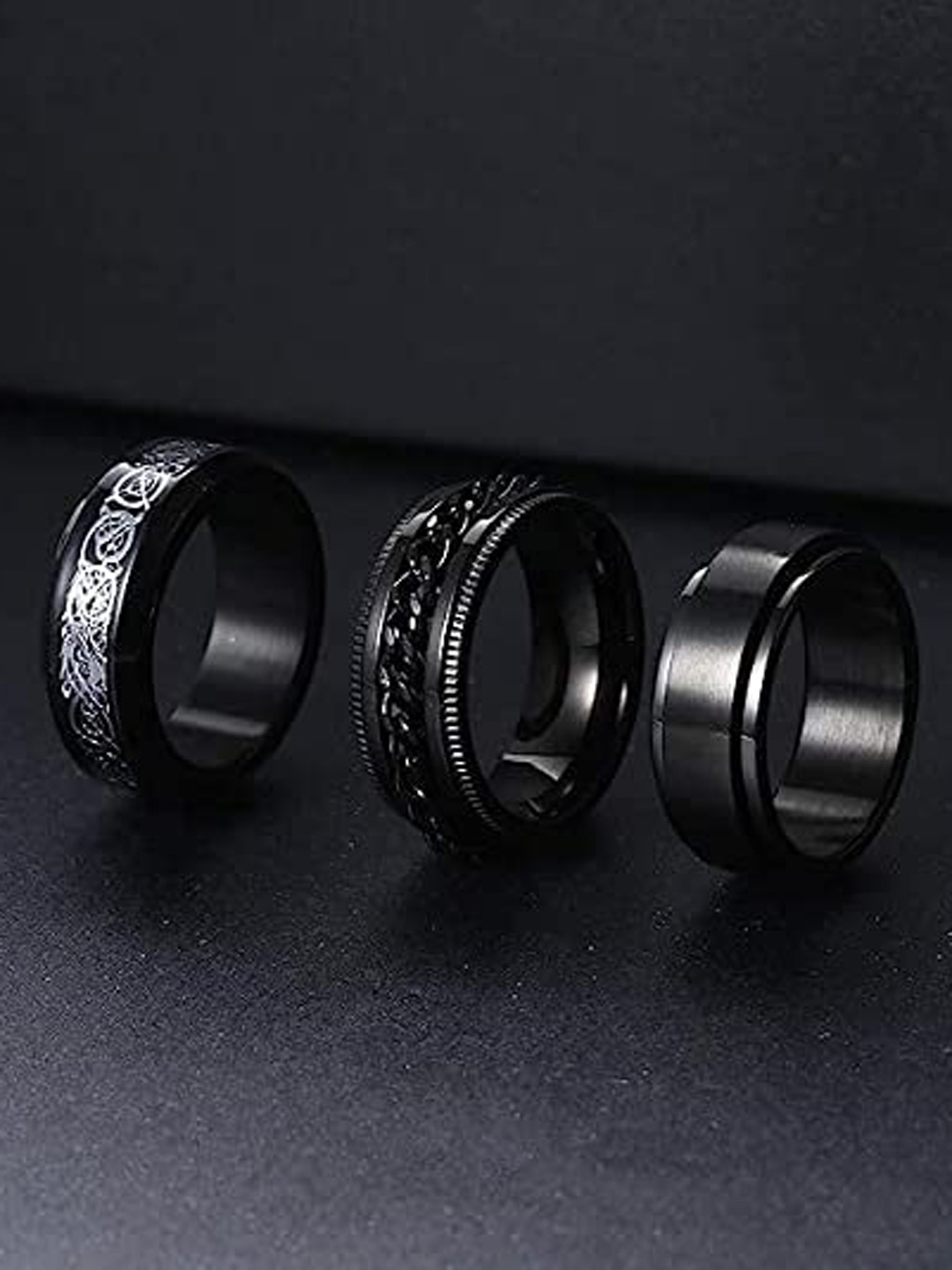 

VIEN Set Of 3 Stainless Steel Spinner Finger Rings, Black