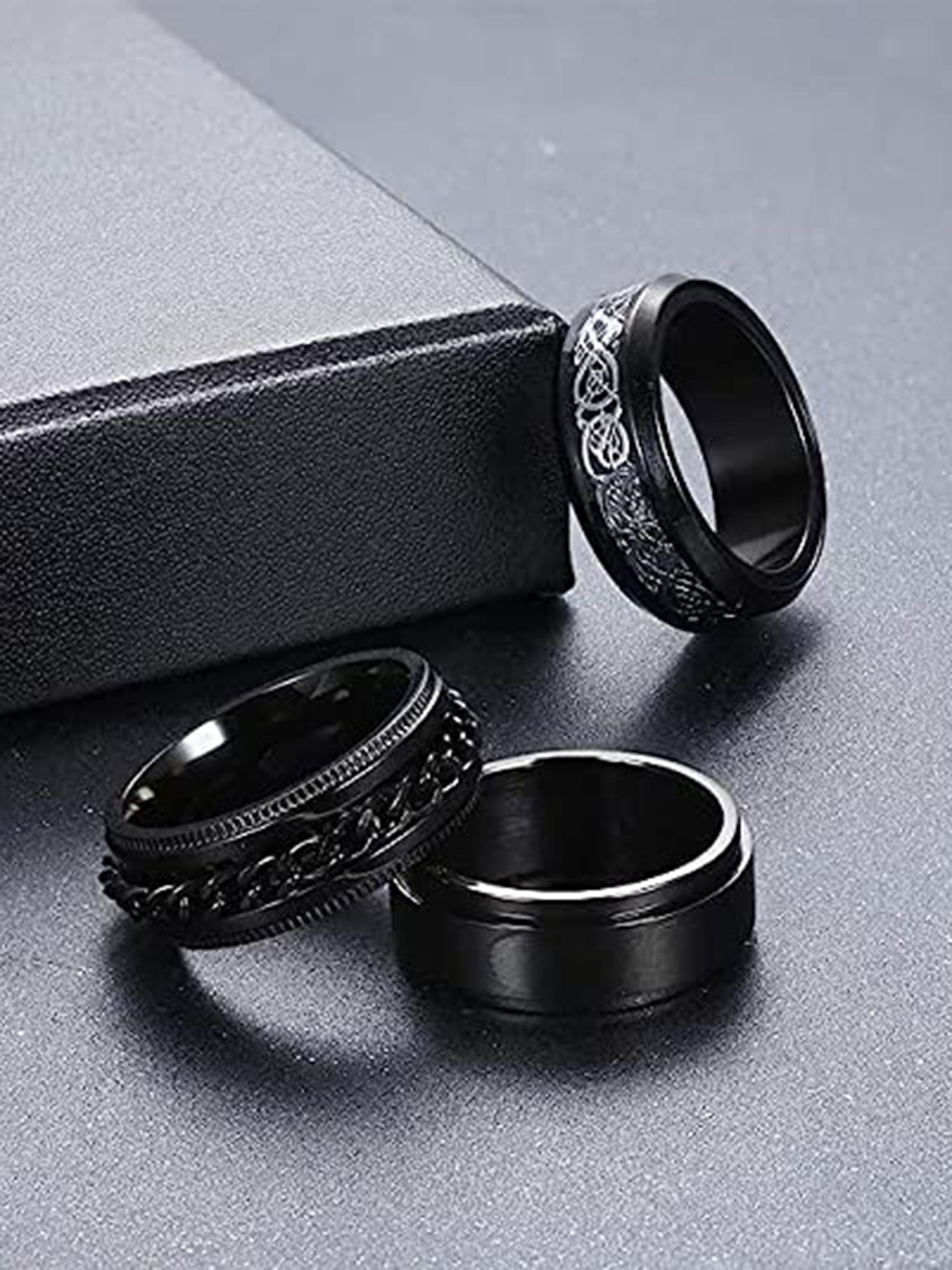 

VIEN Set Of 3 Stainless Steel Spinner Finger Rings, Black