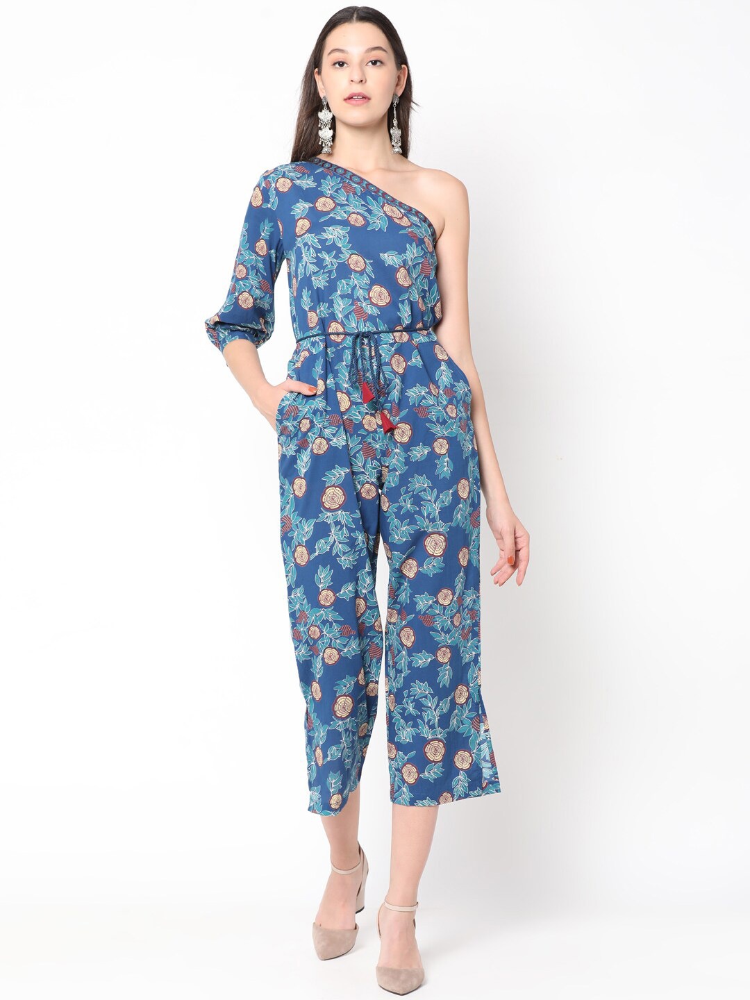

UNTUNG One Shoulder Printed Basic Jumpsuit, Blue