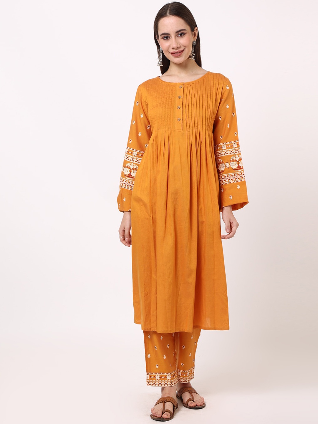 

UNTUNG Ethnic Motifs Embroidered Empire Thread Work Pure Cotton Kurta with Palazzos, Yellow