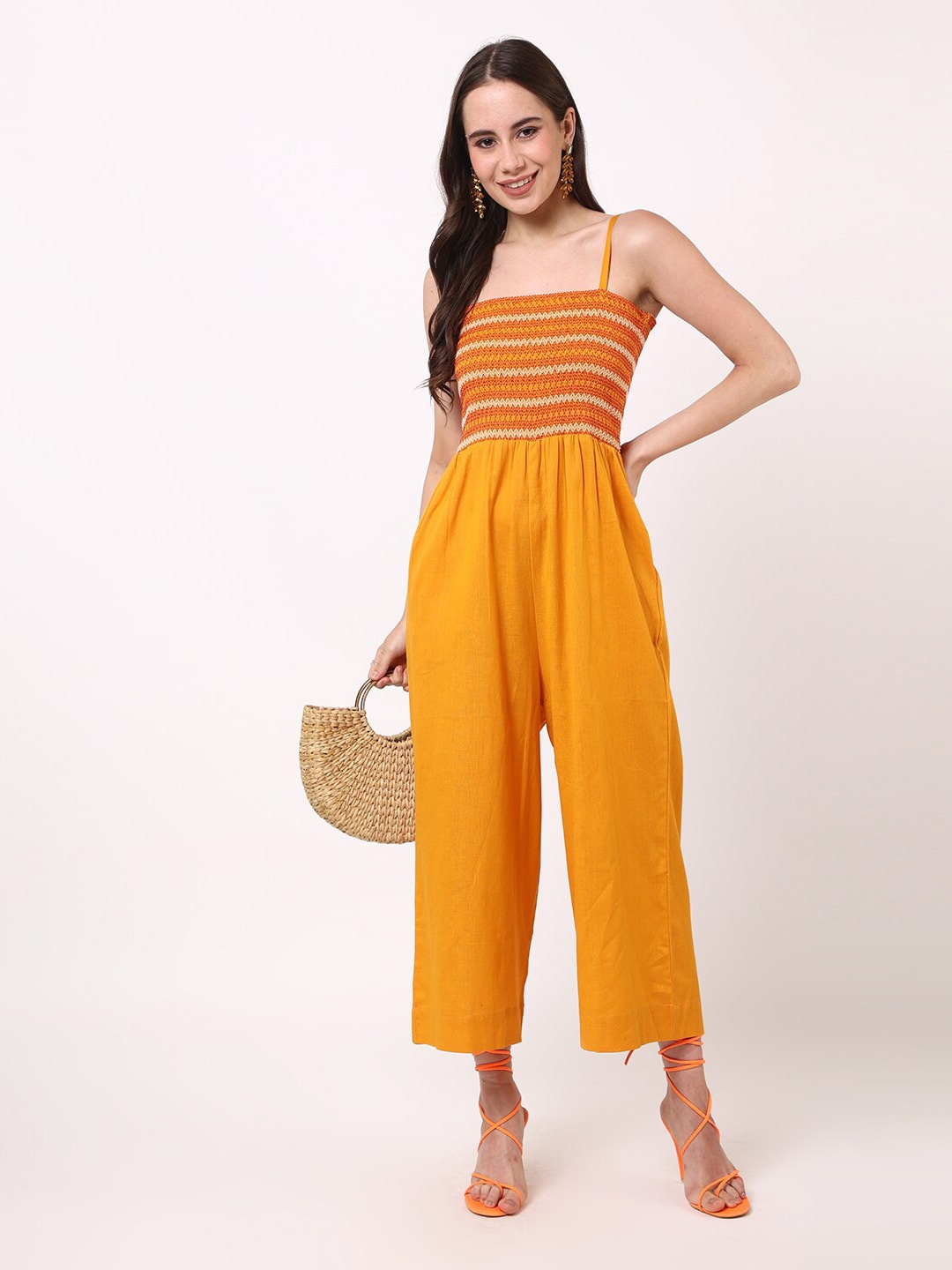 

UNTUNG Gathers Cotton Basic Jumpsuit, Orange