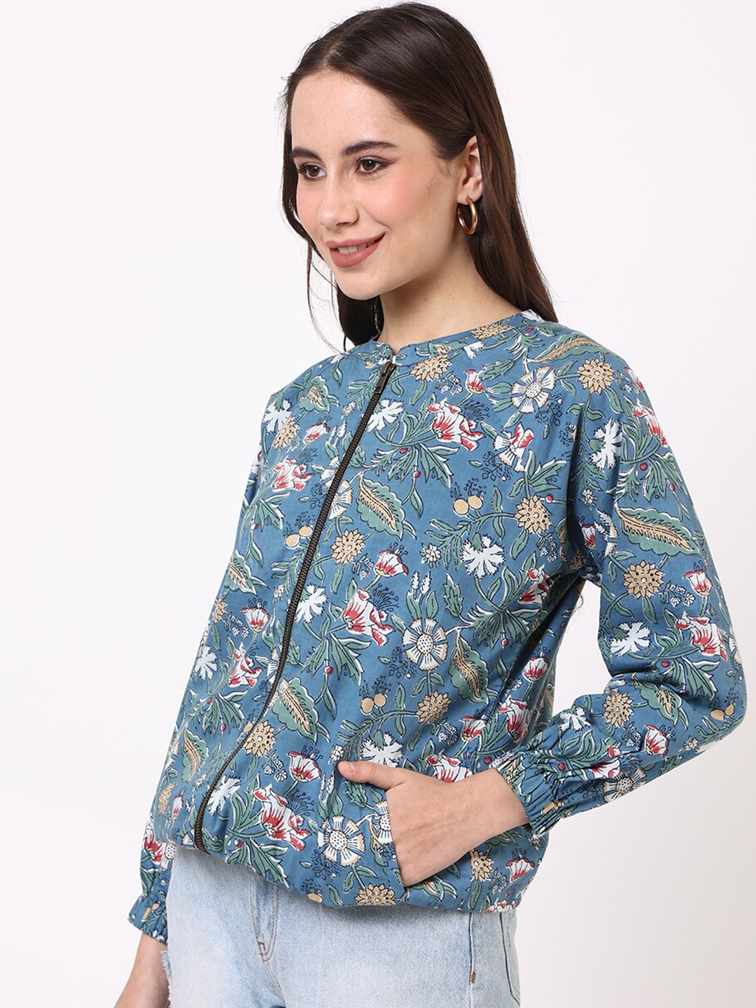 

UNTUNG Floral Printed Cotton Bomber Jacket, Blue