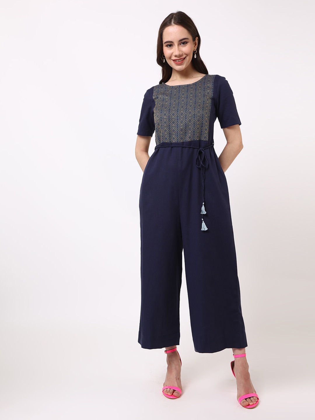 

UNTUNG Ethnic Motifs Printed Cotton Basic Jumpsuit, Blue
