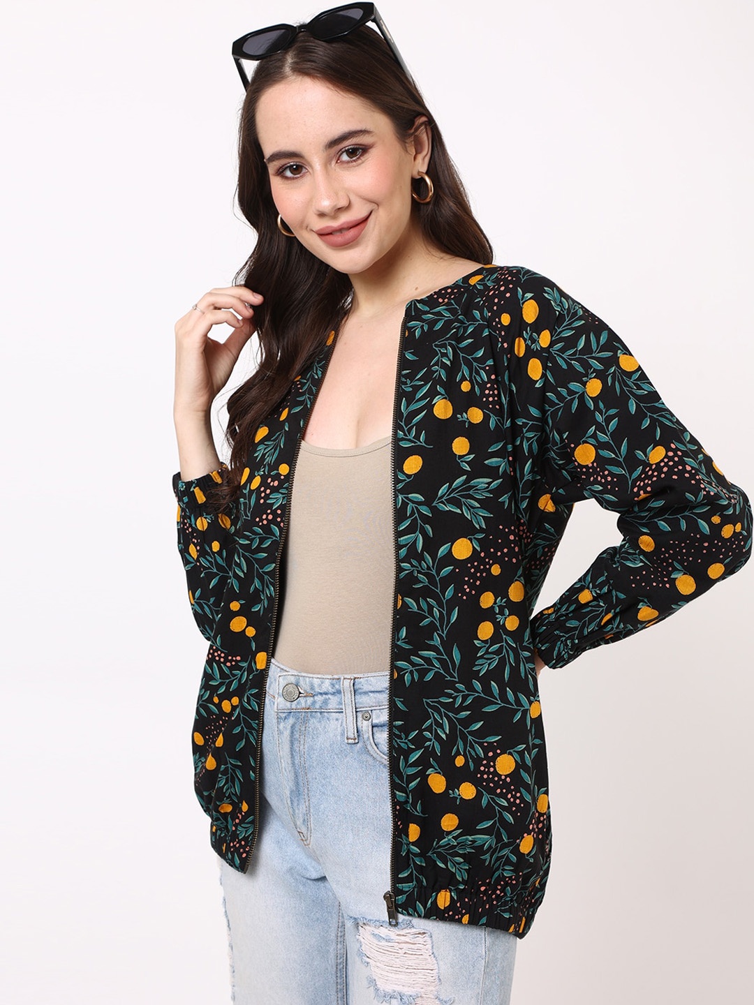 

UNTUNG Floral Printed Cotton Bomber Jacket, Black