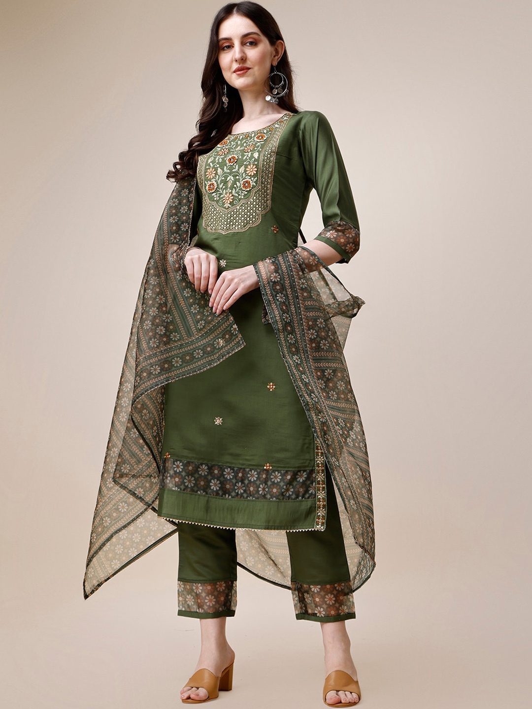 

Berrylicious Floral Embroidered Sequinned Chanderi Cotton Kurta With Trousers & Dupatta, Olive