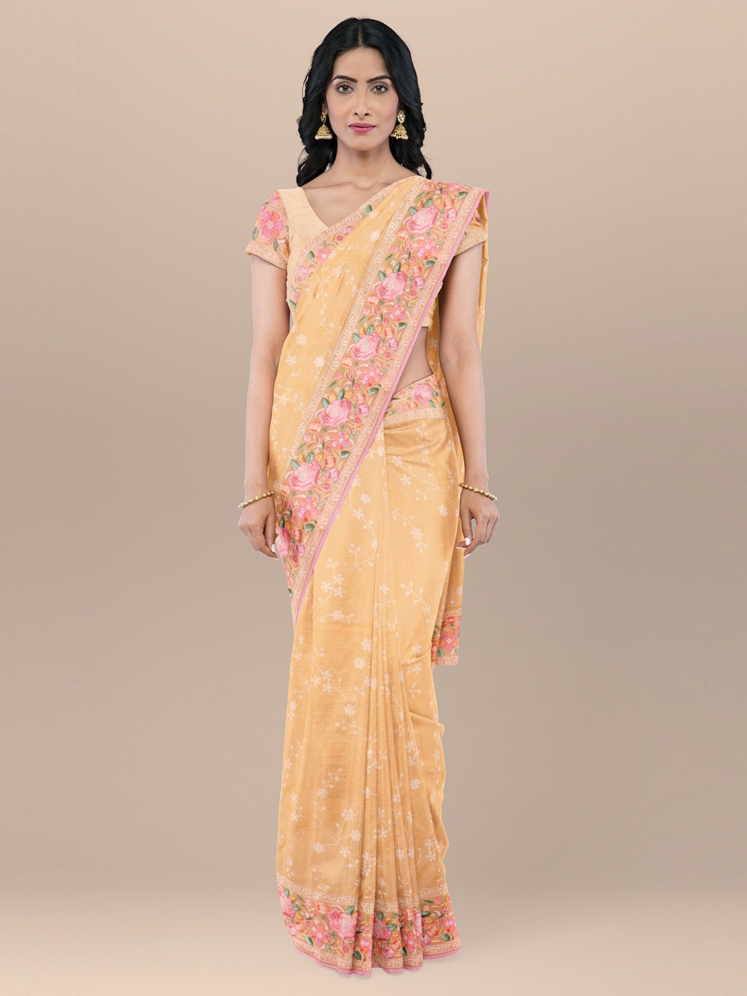 

KAJREE Floral Printed Embroidered Organza Jamdani Saree, Yellow
