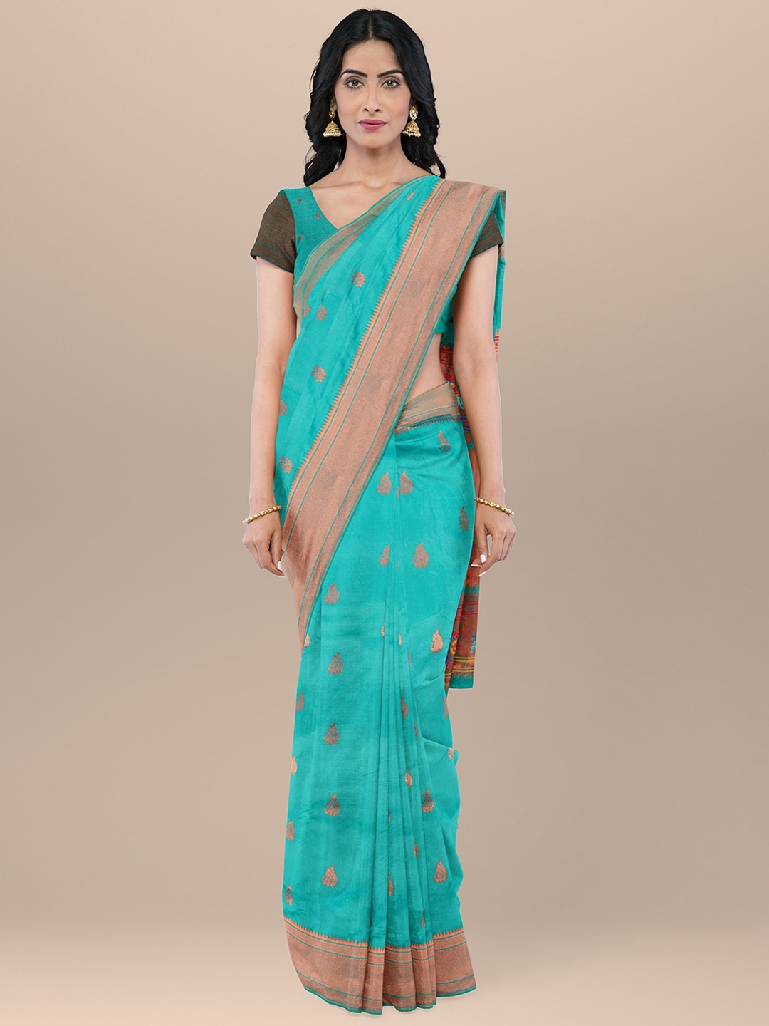 

KAJREE Ethnic Motifs Woven Design Zari Silk Blend Paithani Saree, Green