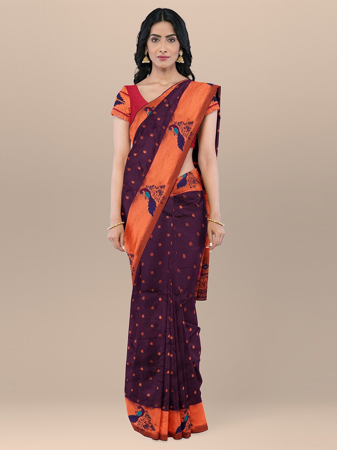 

KAJREE Woven Design Zari Silk Blend Paithani Saree, Burgundy