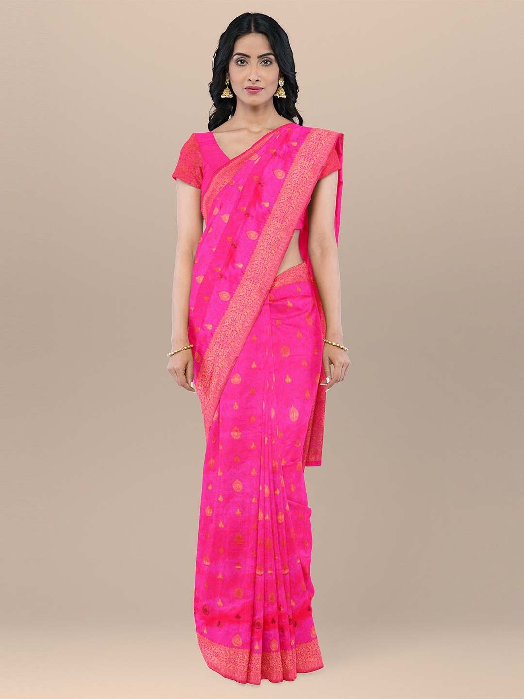 

KAJREE Ethnic Motifs Woven Design Zari Uppada Saree, Pink