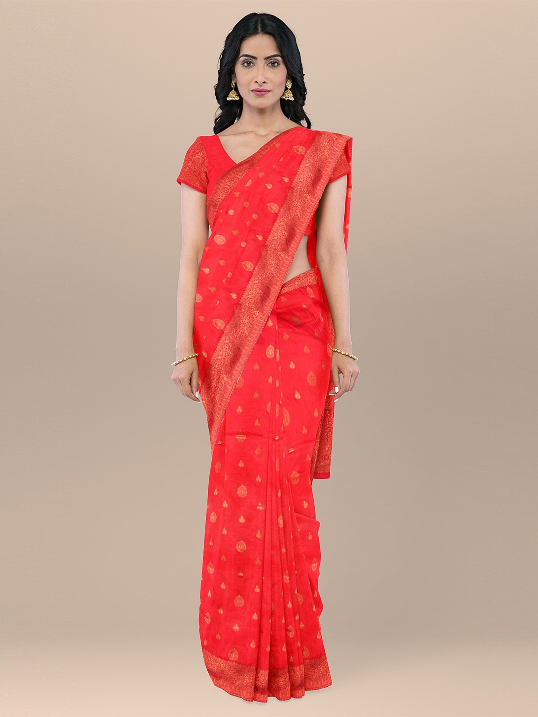 

KAJREE Ethnic Motifs Woven Design Zari Uppada Saree, Orange