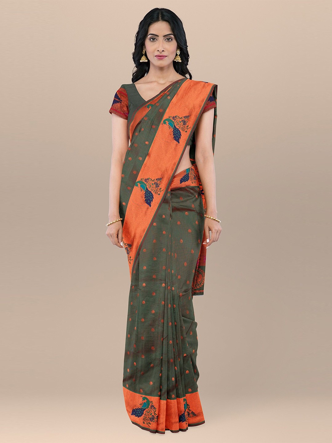 

KAJREE Ethnic Motifs Woven Design Zari Silk Blend Paithani Saree, Green