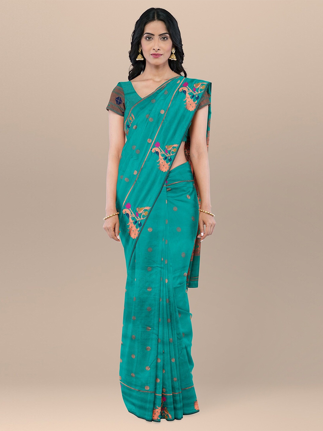 

KAJREE Ethnic Motifs Woven Design Zari Silk Blend Paithani Saree, Green