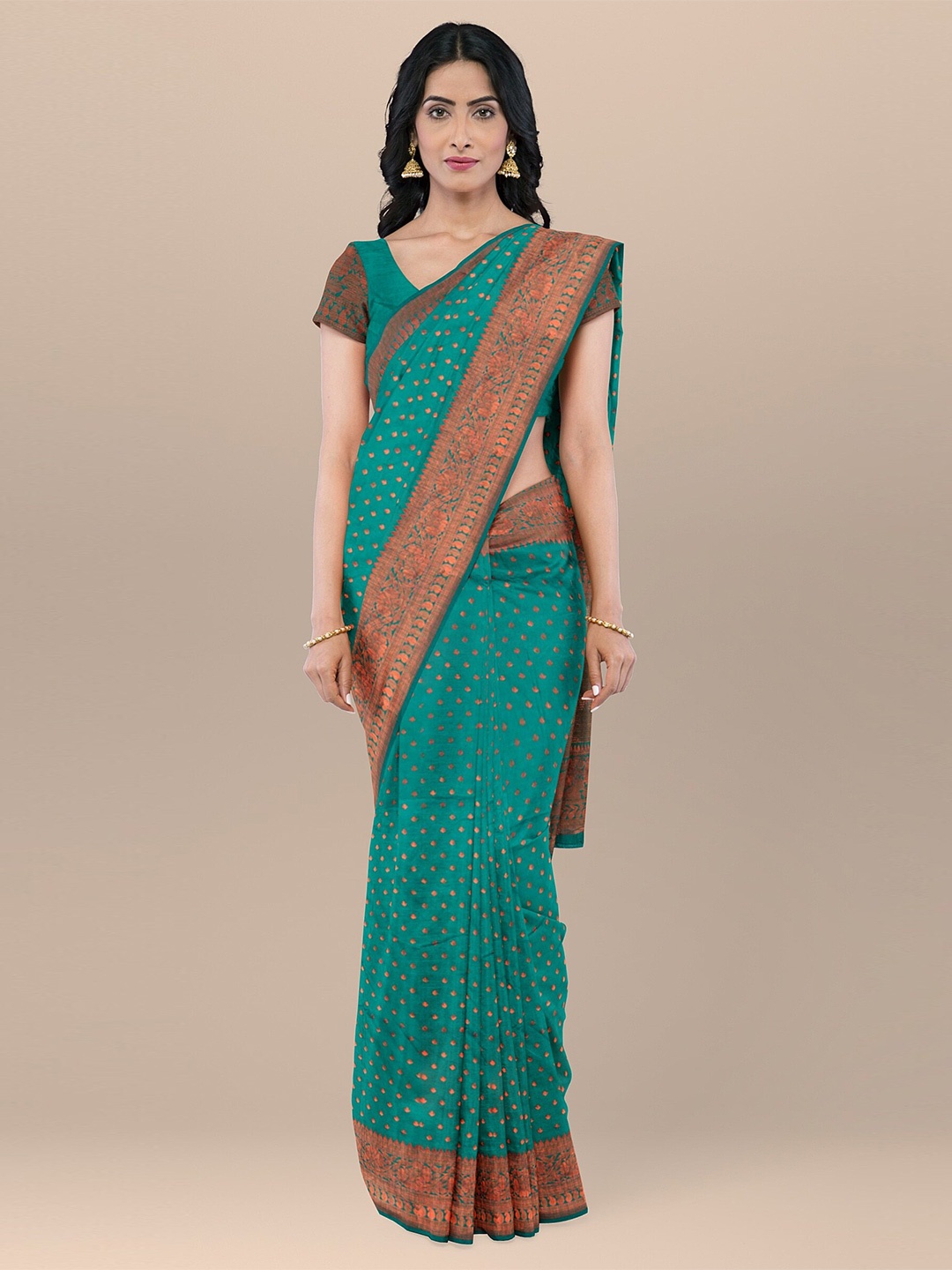 

KAJREE Ethnic Motifs Woven Design Zari Silk Blend Kanjeevaram Saree, Green