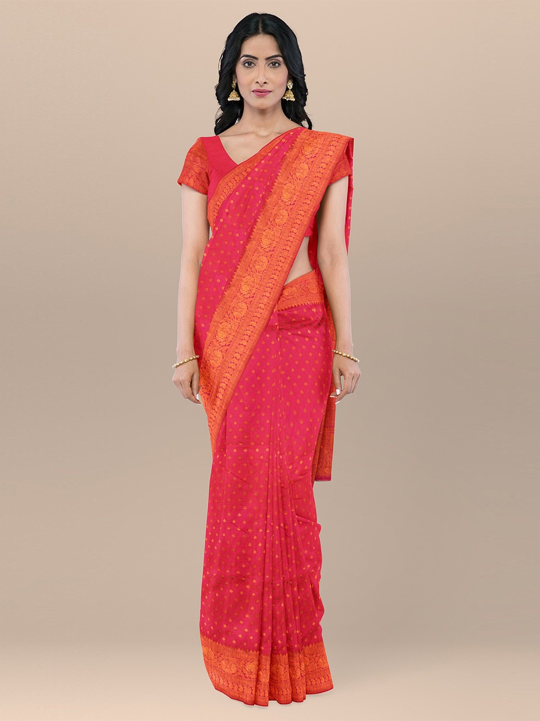 

KAJREE Ethnic Motifs Woven Design Zari Silk Blend Kanjeevaram Saree, Pink