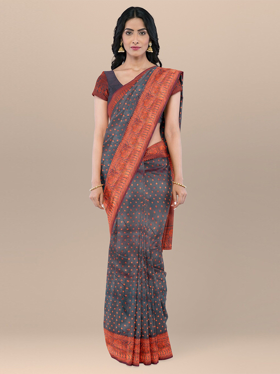 

KAJREE Ethnic Motifs Woven Design Zari Silk Blend Kanjeevaram Saree, Green