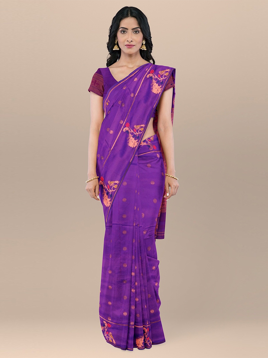 

KAJREE Ethnic Motifs Woven Design Zari Silk Blend Paithani Saree, Purple
