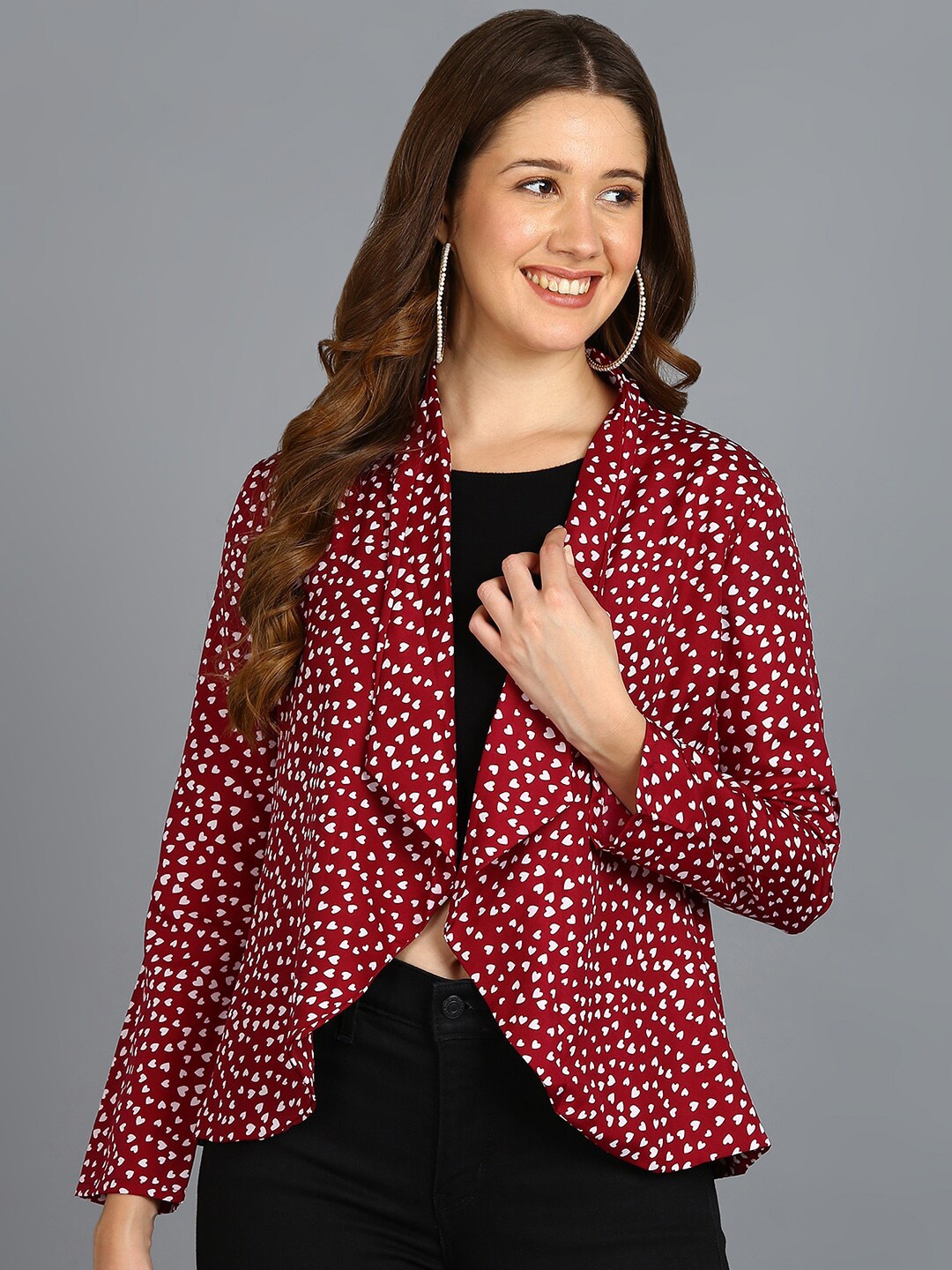 

VAHSON Printed Front Open Crepe Shrug, Maroon