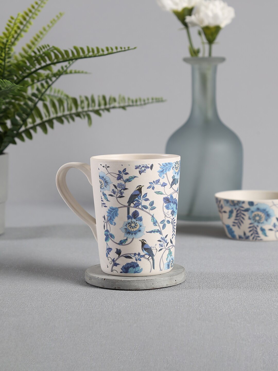 

India Circus by Krsnaa Mehta Cream-Coloured & Blue Printed Bamboo Matte Mug 400 ml
