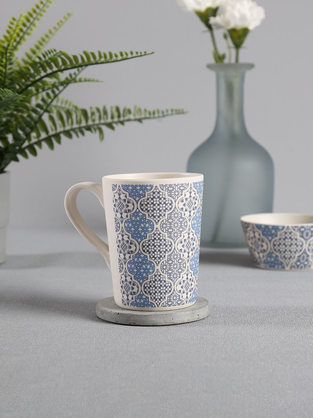 

India Circus by Krsnaa Mehta White & Blue Printed Bamboo Matte Mug 400 ml