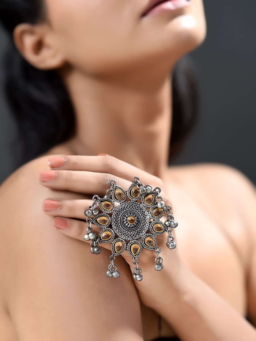 

phuljhadi Silver-Plated Stone-Studded Adjustable Oxidised Finger Ring
