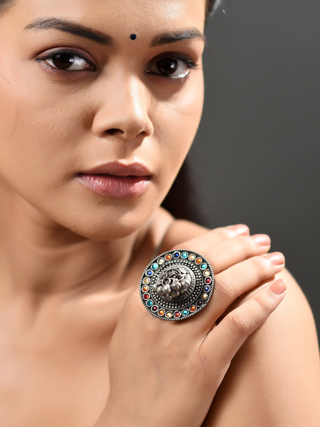 

phuljhadi Silver-Plated Stone-Studded Adjustable Finger Ring