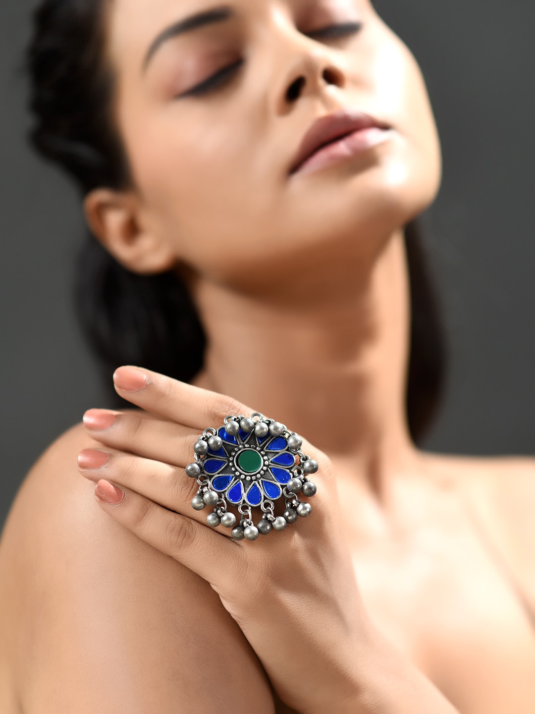 

phuljhadi Silver-Plated & Stone-Studded Oxidised Finger Ring