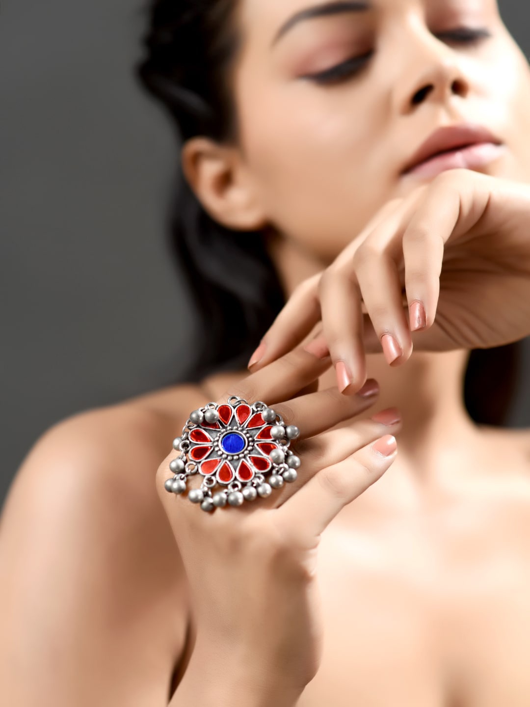 

phuljhadi Silver-Plated Stone-Studded Adjustable Oxidised Finger Ring