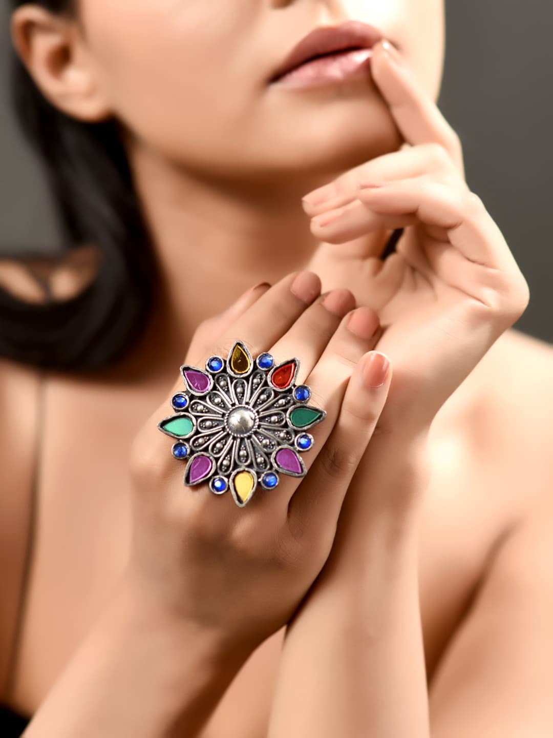 

phuljhadi Silver-Plated Stone-Studded Adjustable Finger Ring