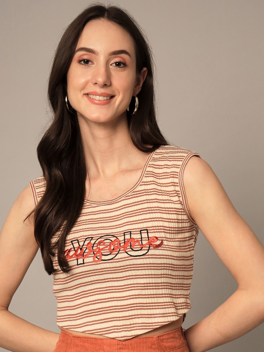 

Yaadleen Striped Pure Cotton Top, Beige